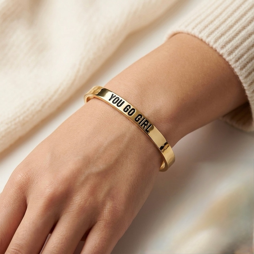 “You Go Girl” Gold Bangle Bracelet | Minimalist Cuff Style